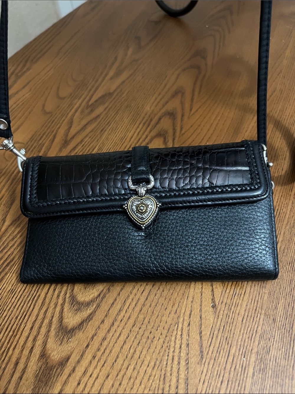 Brighton Black Croc-Trim Leather  Wallet Crossbody with Heart Charm